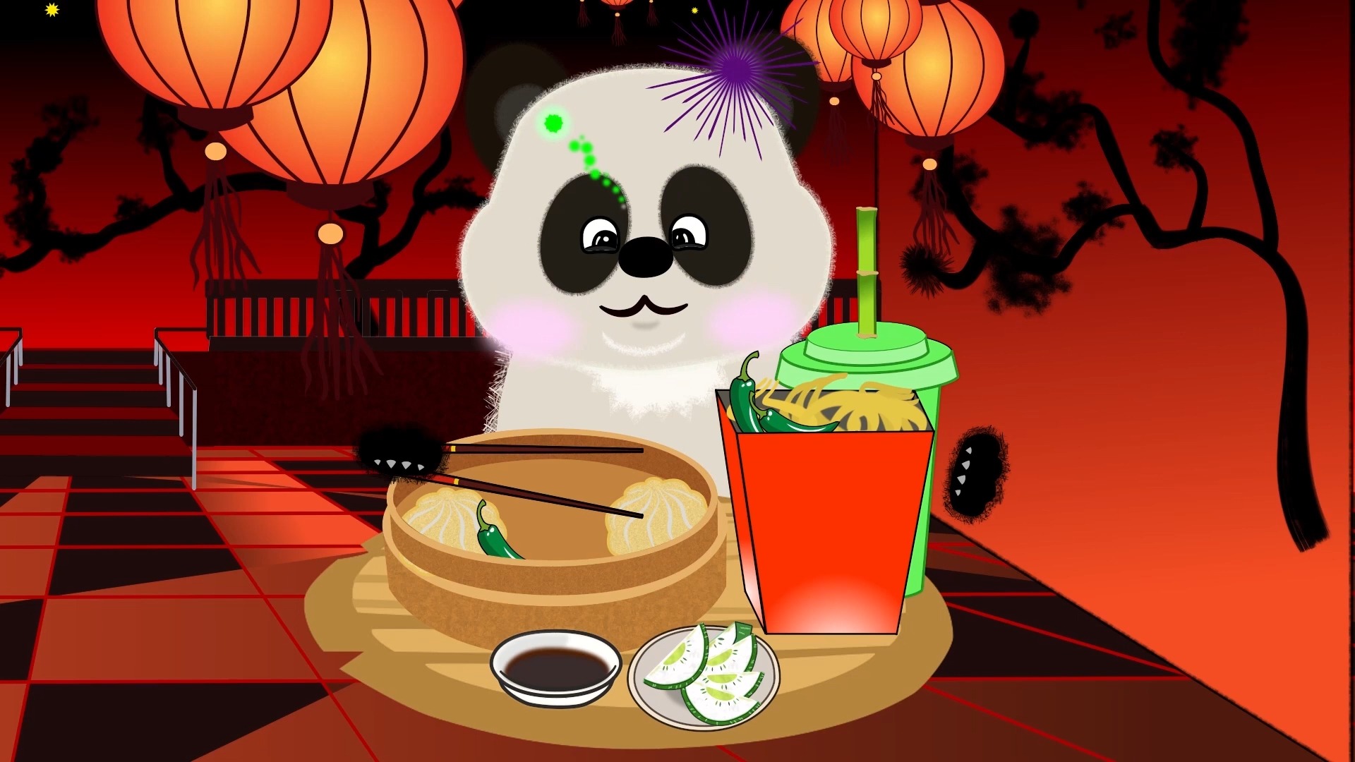 可爱的熊猫吃辣椒面和饺子吃播动画