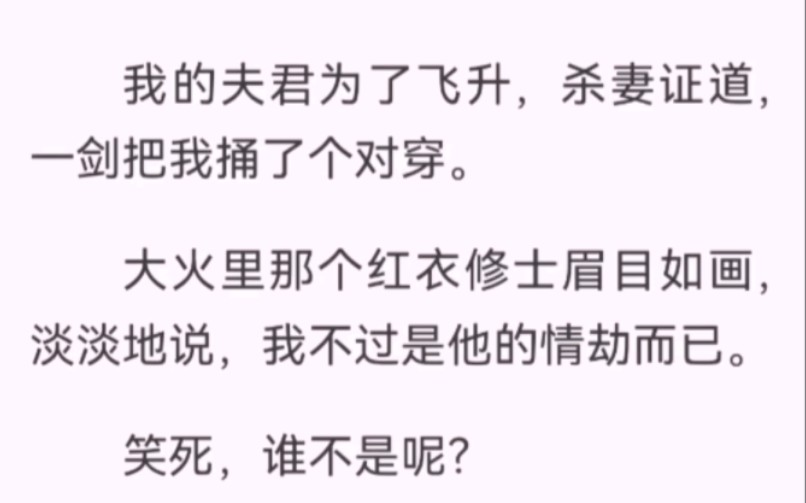 我的夫君为了飞升,杀妻证道,一剑把我捅了个对穿.大火里那个红衣修士眉目如画,淡淡地说,我不过是他的情劫而已.笑死,再见时,他身旁跟着绝色青...