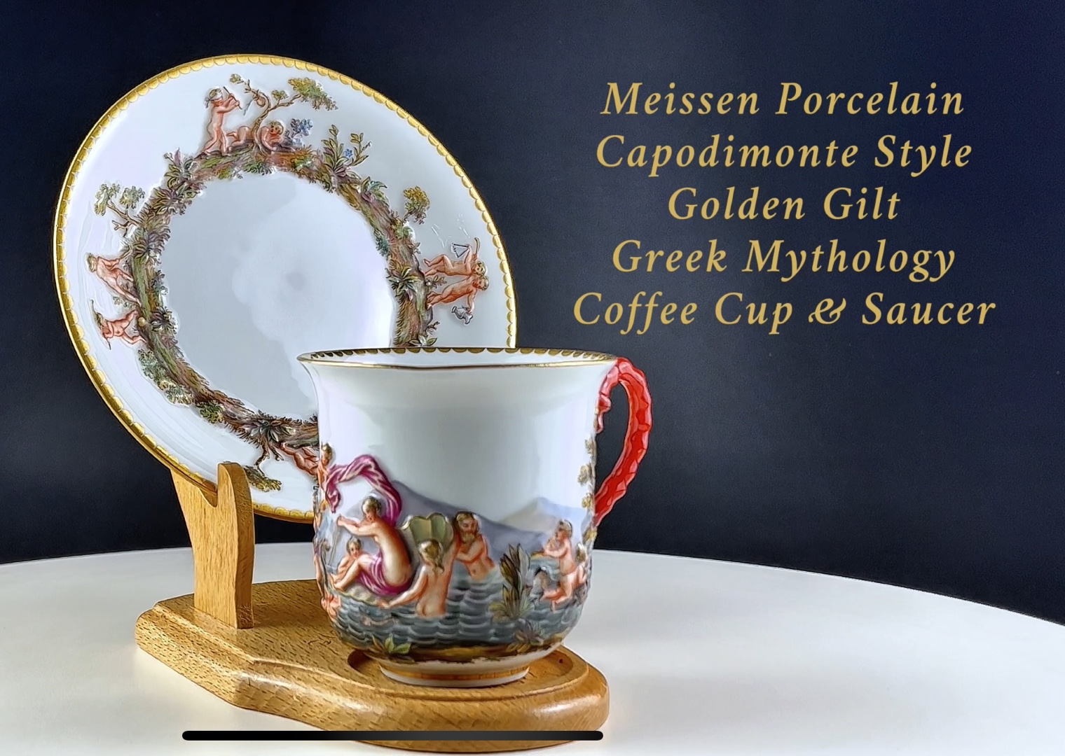 【瓷器】德国梅森瓷器 卡波迪蒙特风格浮雕神话人物咖啡器 一杯一碟 1