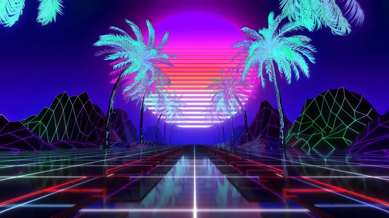 歌曲配乐 炫酷紫色系赛博朋克城市夜景粉色霓虹灯月亮星球演艺舞台