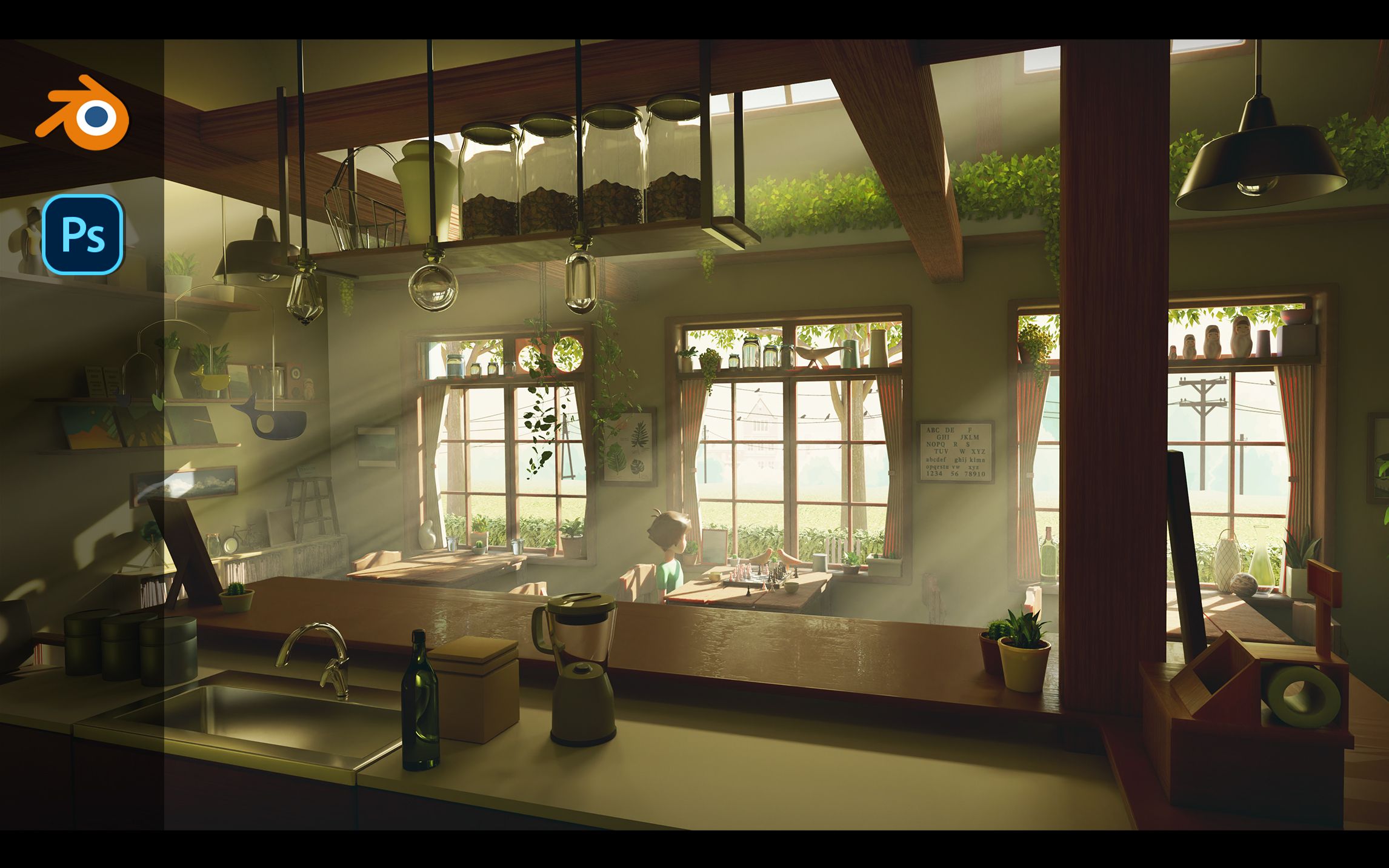 企鹅公路还原电影中的咖啡店场景blender