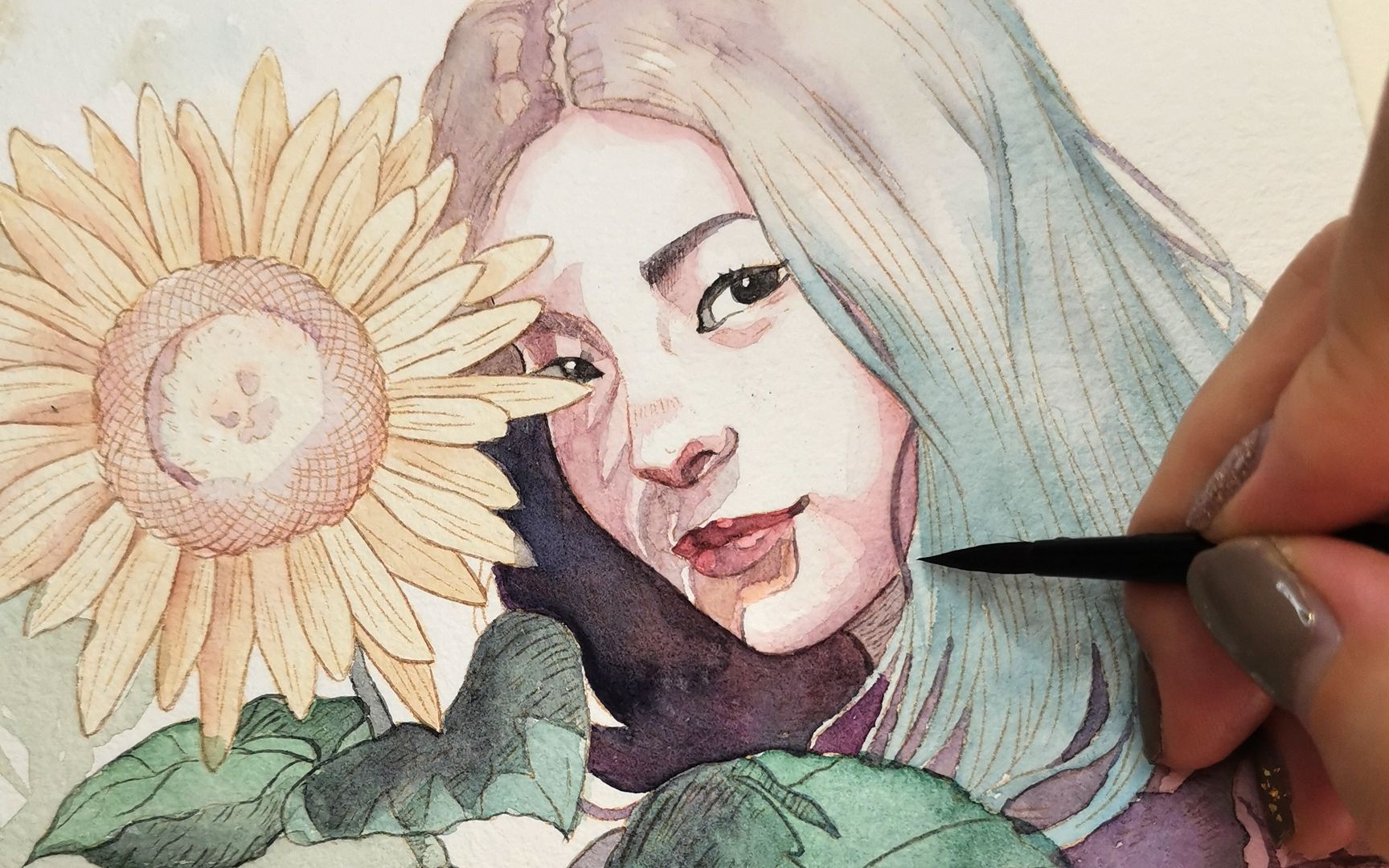 【钢笔淡彩】阳光下的少女与向日葵写实水彩手绘(六)