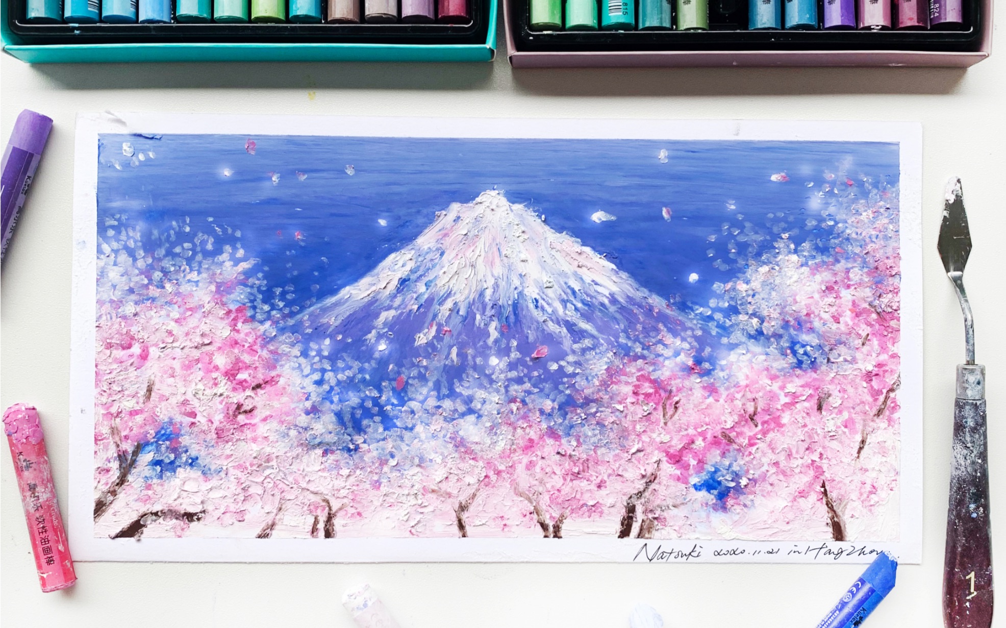 夏树油画棒手绘vol01富士山樱花凭爱意将富士山私有