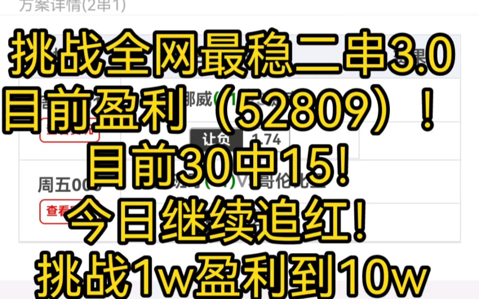 挑战全网最稳二串3.0目前盈利(52809)!目前30中15!今日继续追红!挑战1w盈利到10w第31期!哔哩哔哩bilibili