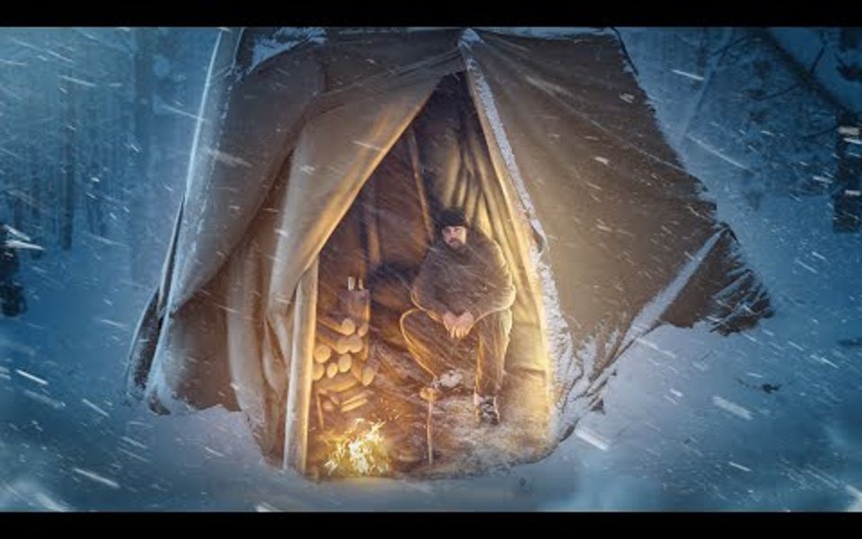 【simple life】冬天森林里建一个棚屋.在临时庇护所里独自过夜.