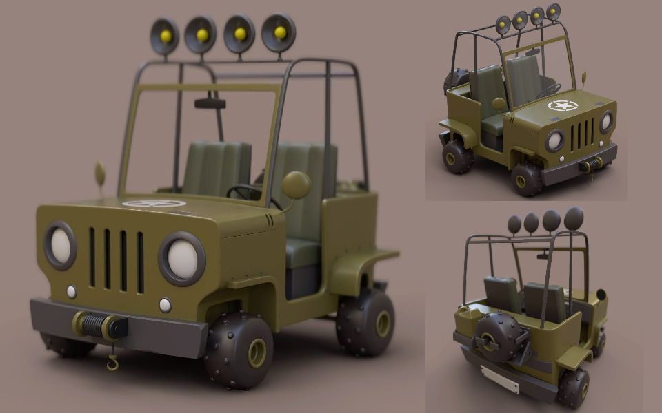 【3dmax建模】卡通小吉普车模型制作,新手场景建模练习简单案例!