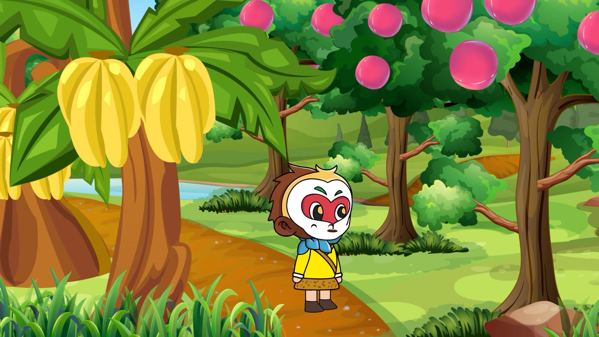 猴哥出了电梯,看到一片果园,吃了起来