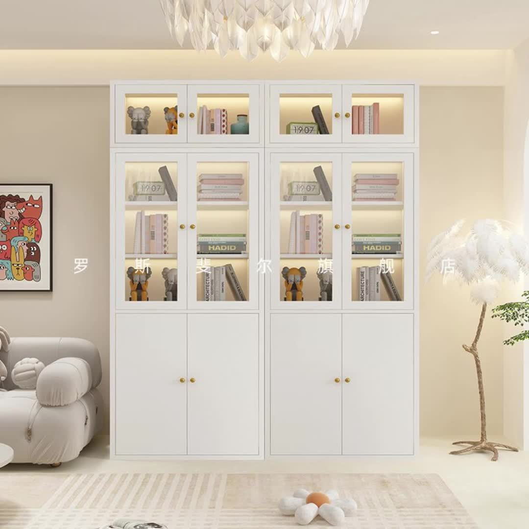 2米高70宽书柜顶柜组合简约奶油风客厅玻璃门书架置物展示柜子9323