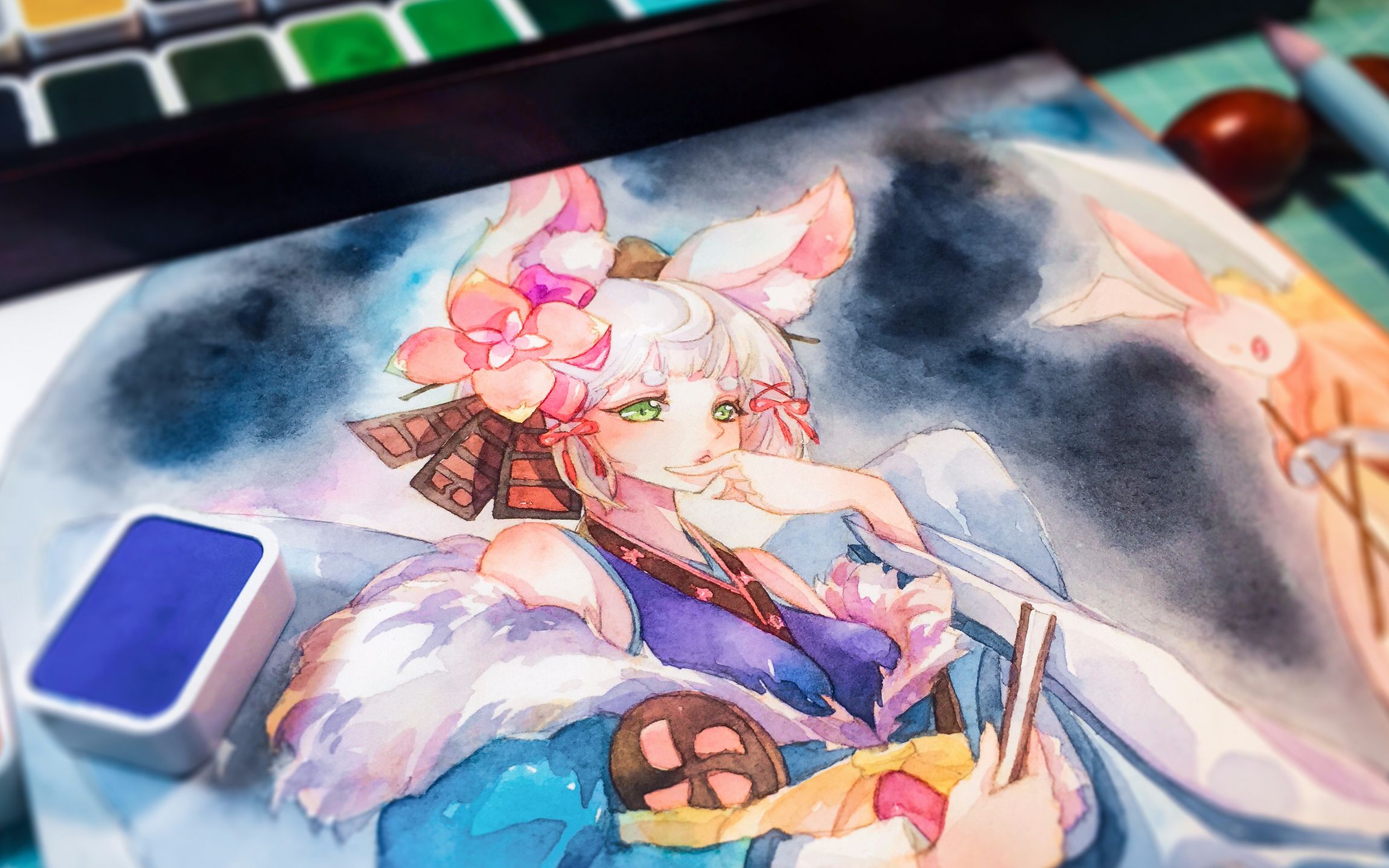 【手绘水彩】hb新颜彩试色,神灵降临-追月神