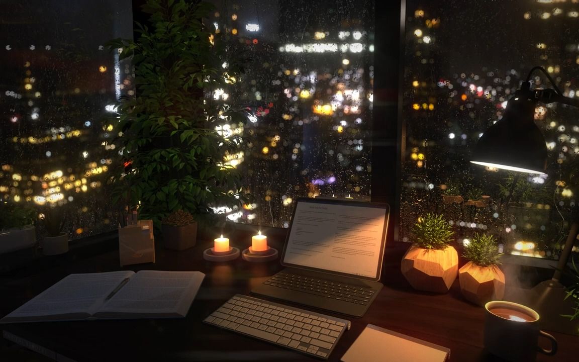 白噪音超长8小时丨在窗前的书桌学习洛杉矶夜景窗外下雨声