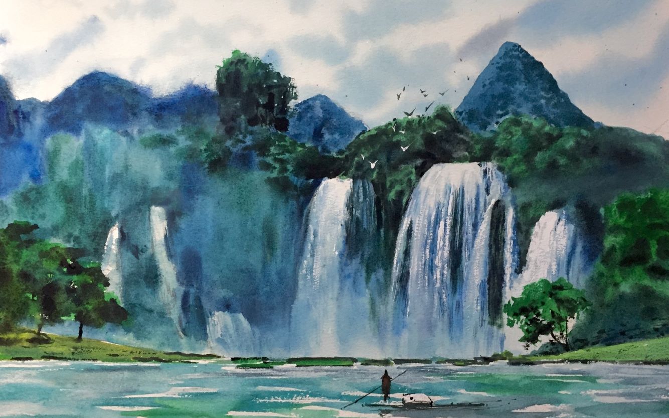 灰度水彩画个秀的水水乱流的大瀑布d