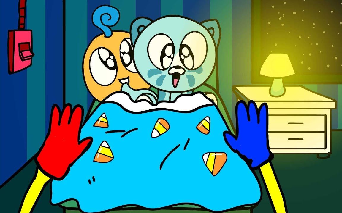 彩虹动画:糖果猫与小黄的趣味游戏时间,塞进床上睡个好觉!