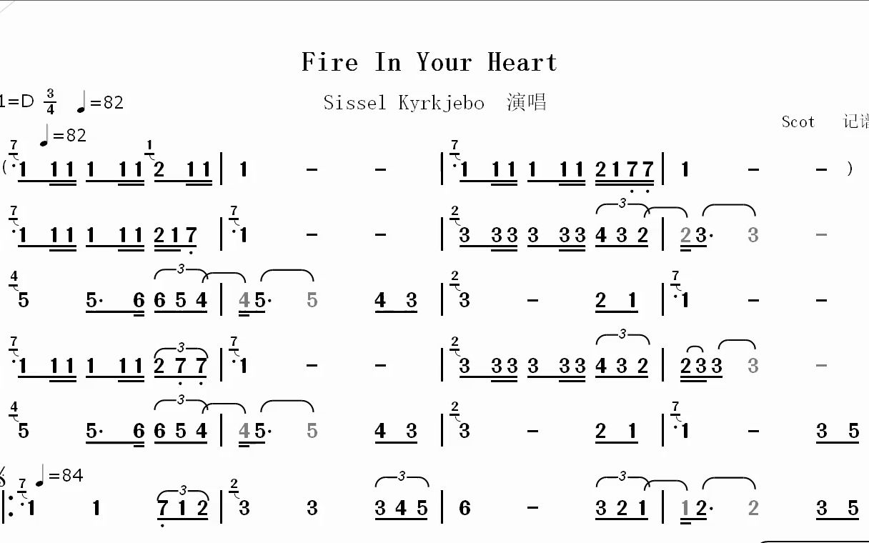 [图]Fire In Your Heart（1994年冬奥会主题歌）--Sissel演唱--动态简谱