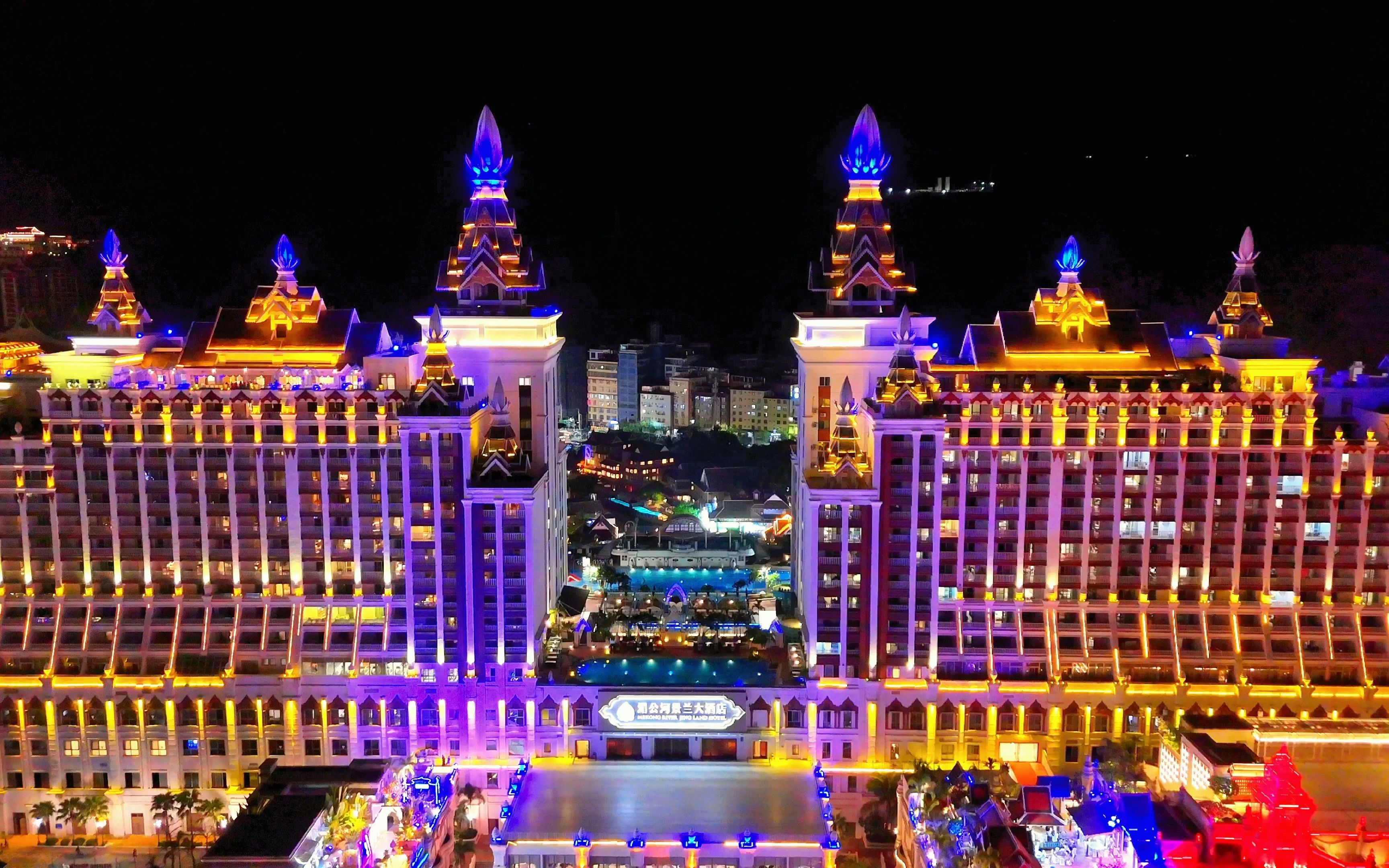 西双版纳告庄西双景景兰大酒店夜景航拍