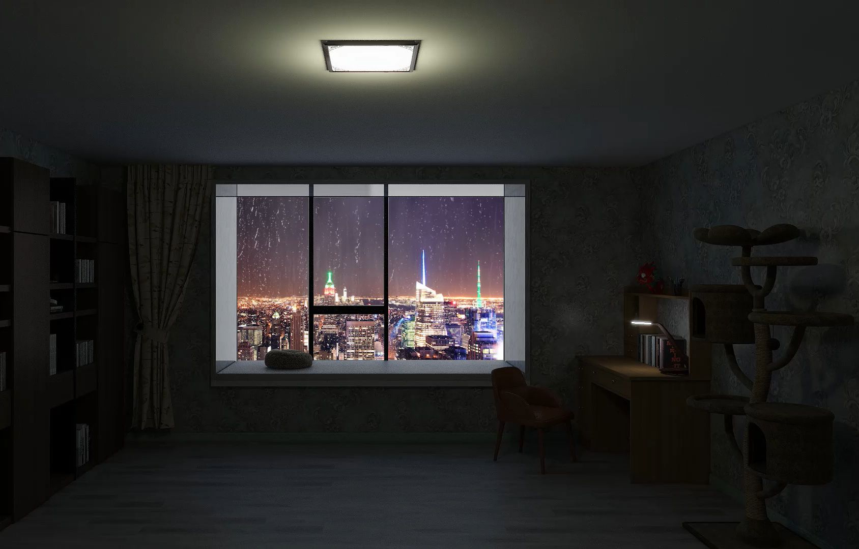 【城市夜景雨声助眠】在有飘窗的书房里,伴随着雨声学习工作
