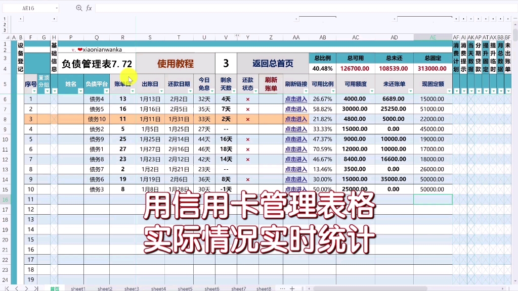 信用卡管理表格,个人负债自动实时统计每一个数据哔哩哔哩bilibili