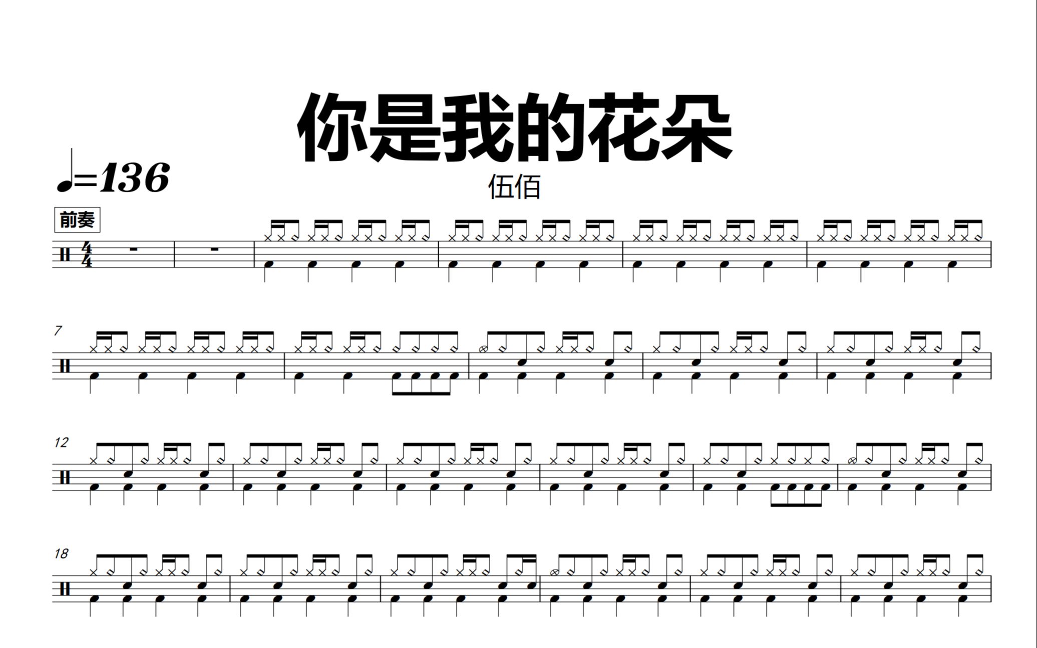 伍佰 - 你是我的花朵 鼓谱 动态鼓谱 无鼓伴奏 drum cover