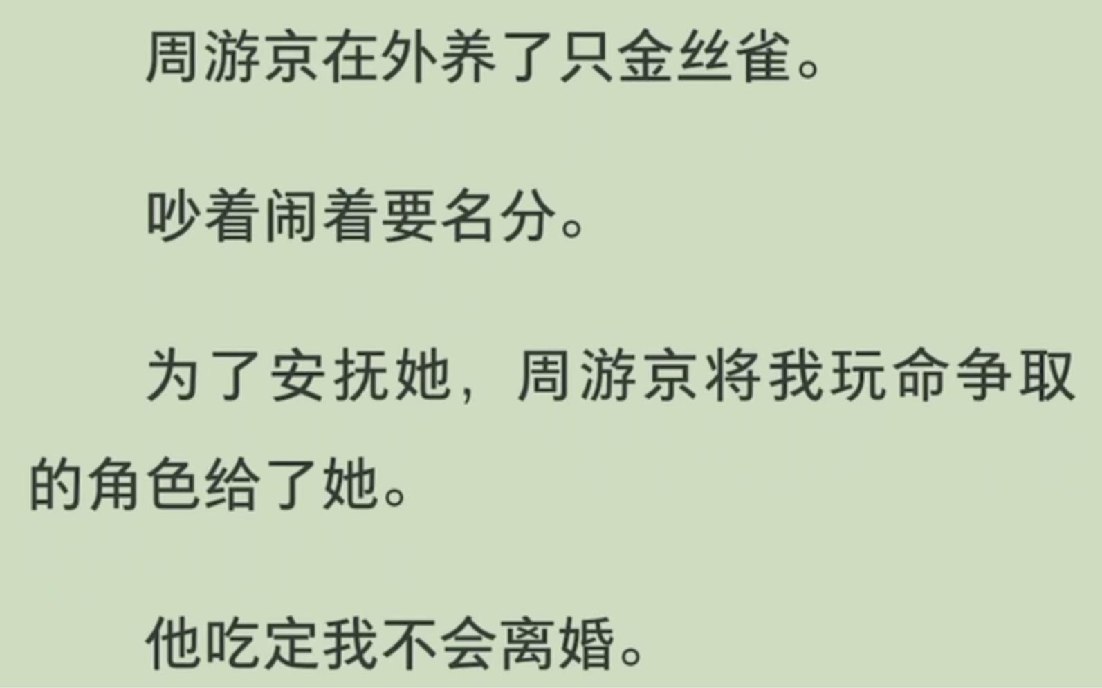 [图]「全」周游京在外养了只金丝雀。吵着闹着要名分。为了安抚她，周游京将我玩命争取的角色给了她。他吃定我不会离婚。更是在新剧发布会上，与她高调戴上情侣戒指。