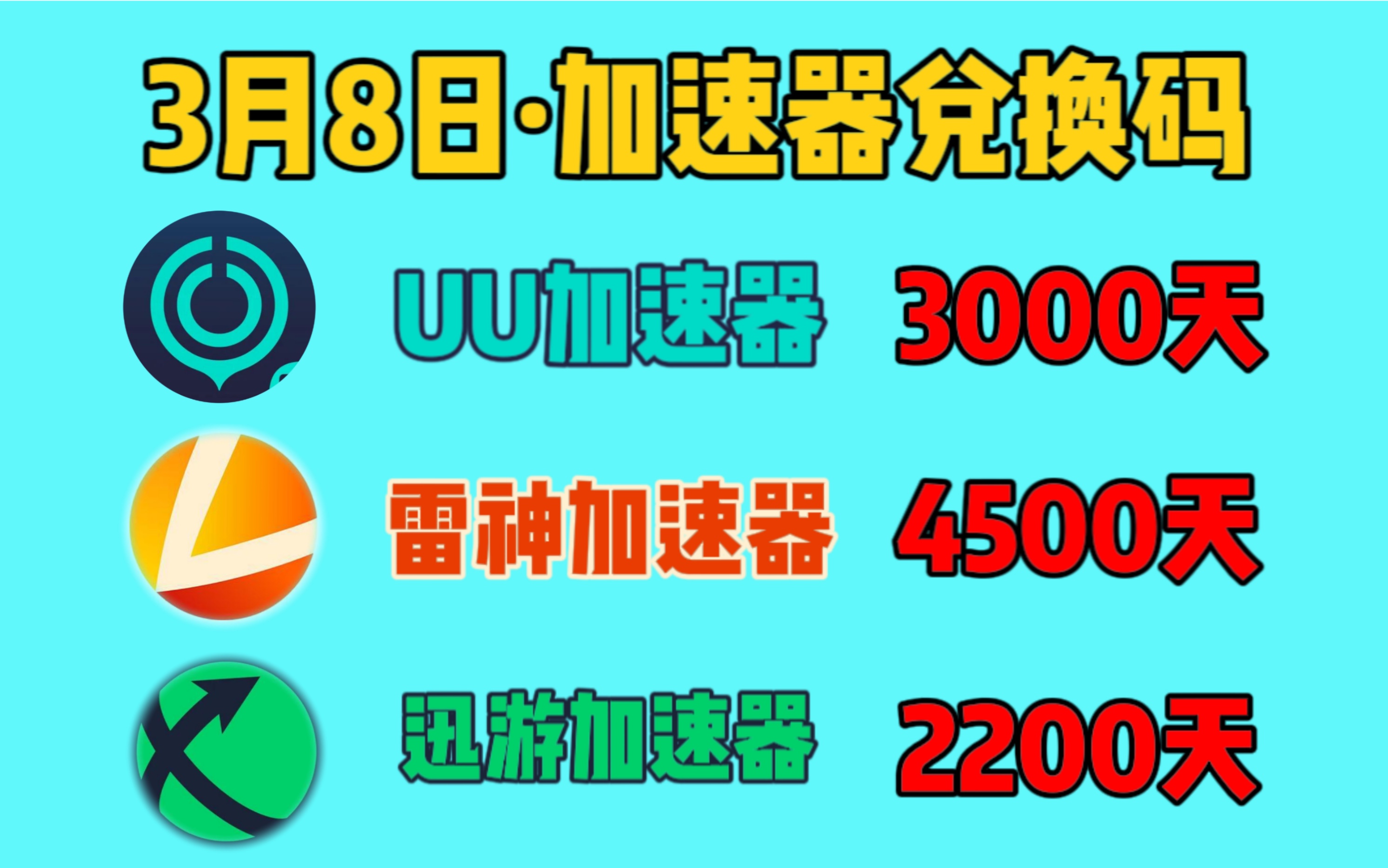 3月8日最新免费白嫖加速器口令和兑换码!UU加速器,迅游加速器,雷神加速器,海豚加速器,暴喵加速器,biubiu加速器,奇妙加速器等等.先到先得呦!...