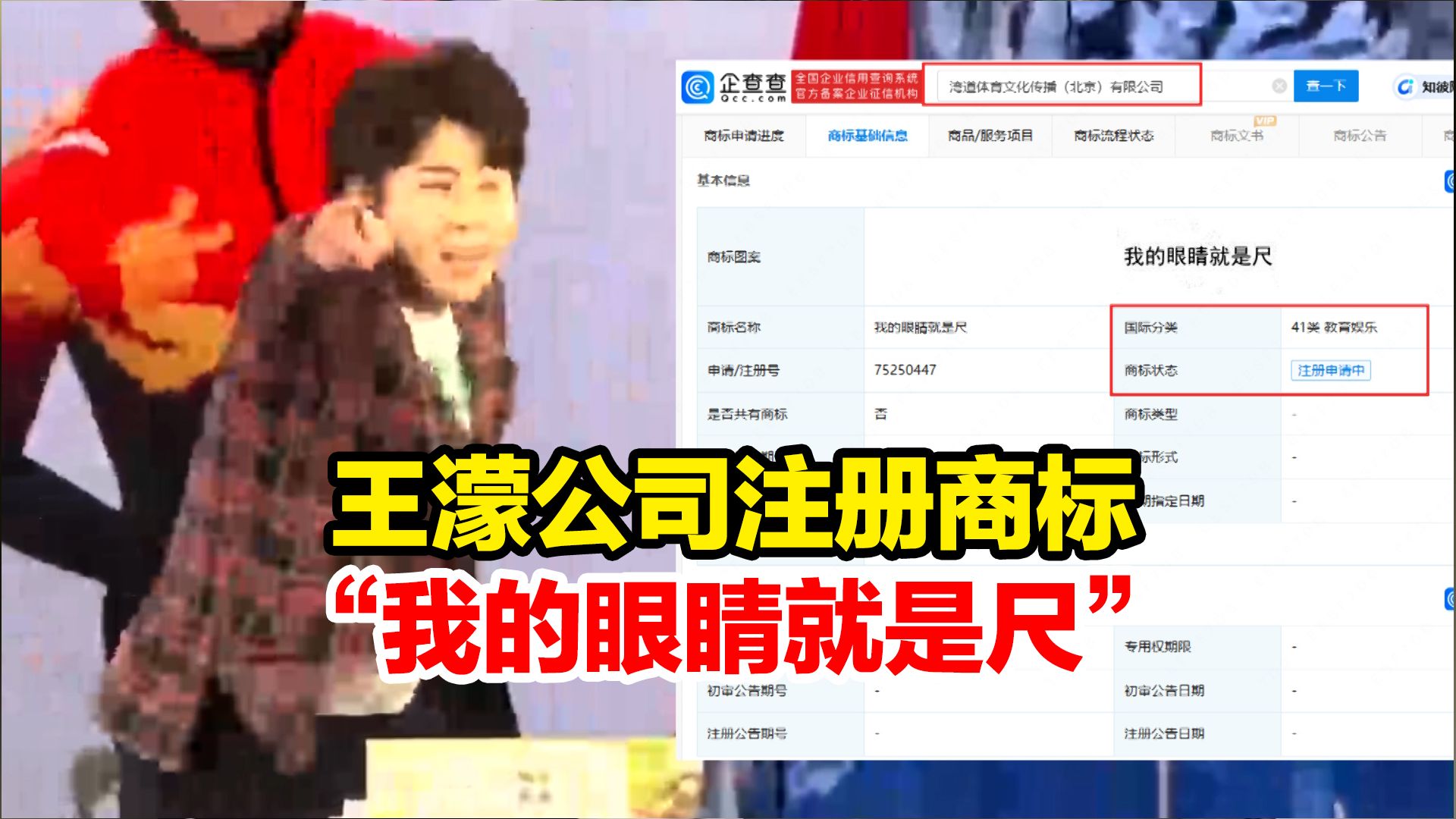 王濛公司注册商标“我的眼睛就是尺”,目前商标状态为申请中哔哩哔哩bilibili