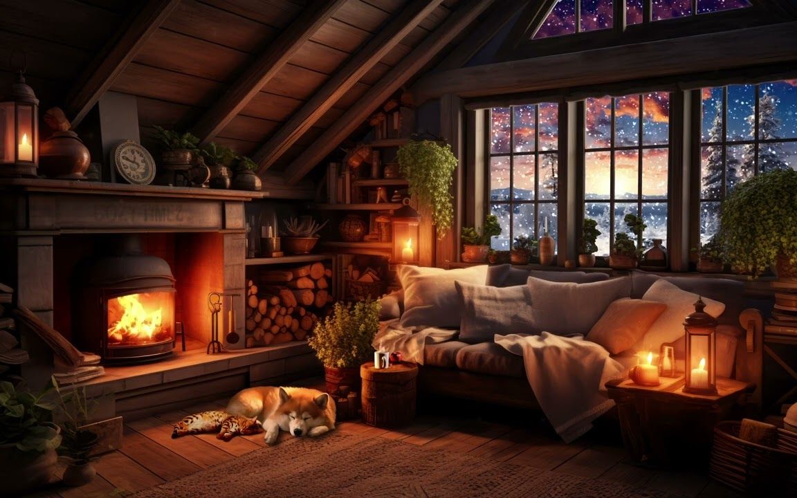 【白噪音】3小时丨温暖的冬季小屋(下雨声,刮风声,壁炉声,猫狗陪伴)