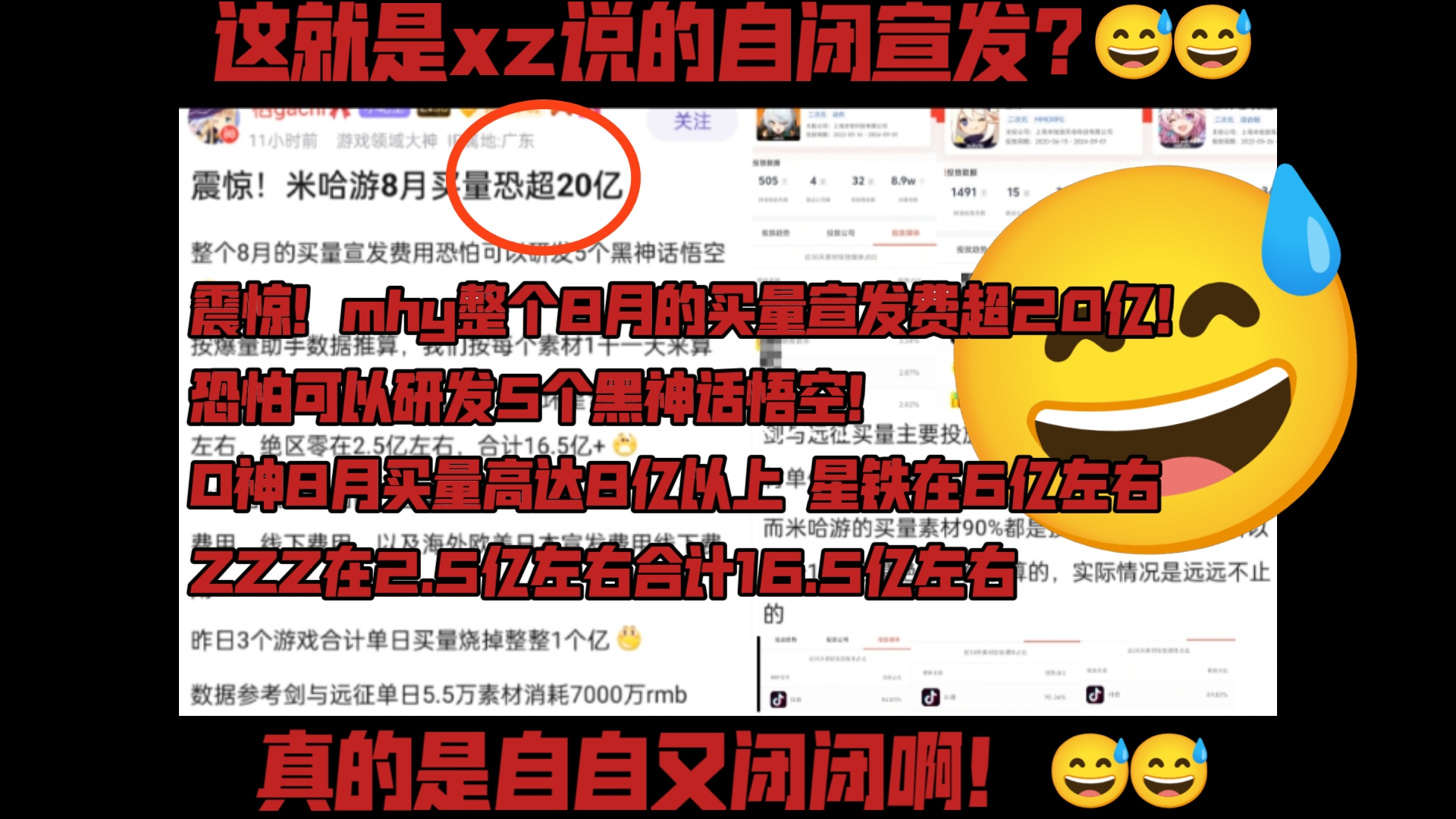 震惊!mhy整个8月的买量宣发费用恐怕可以研发5个黑神话悟空!原神8月买量高达8亿以上 星铁在6亿左右 绝区零在2.5亿左右合计16.5亿左右!哔哩哔哩...