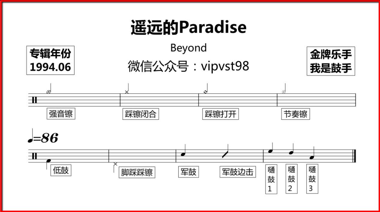 [图]【金牌乐手】Beyond - 遥远的Paradise 鼓谱 动态鼓谱（drum score）