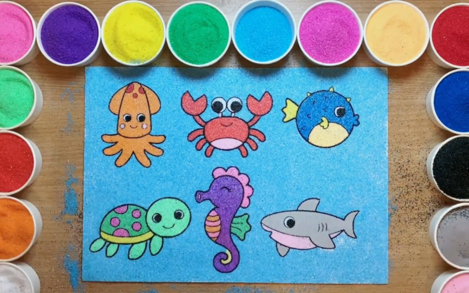 章鱼海马螃蟹各种海洋动物儿童手工沙画,过程解压,成品真漂亮