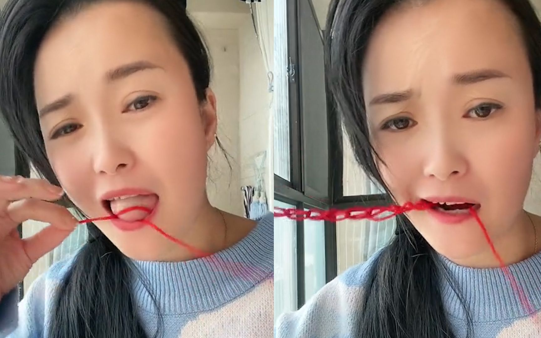 女生表演用舌头给绳子打结,表情丰富淡定放置口腔内,下秒看乐人