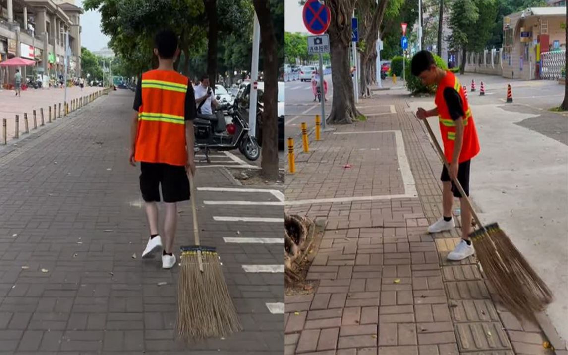 男生高考完帮环卫工妈妈扫大街