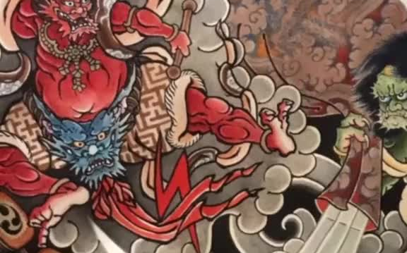 日式老传统风神雷神纹身手稿图案推荐