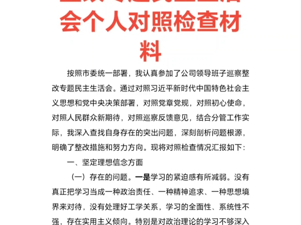 国企领导干部巡察整改专题民主生活会个人对照检查材料哔哩哔哩bilibili