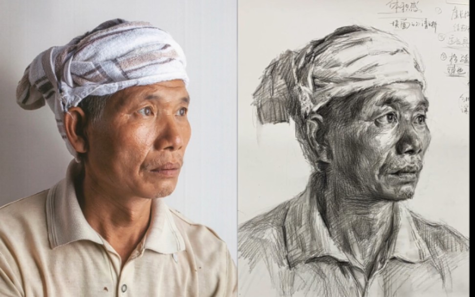 央美师锋素描头像课程_侧面男老年深入塑造刻画示范讲解