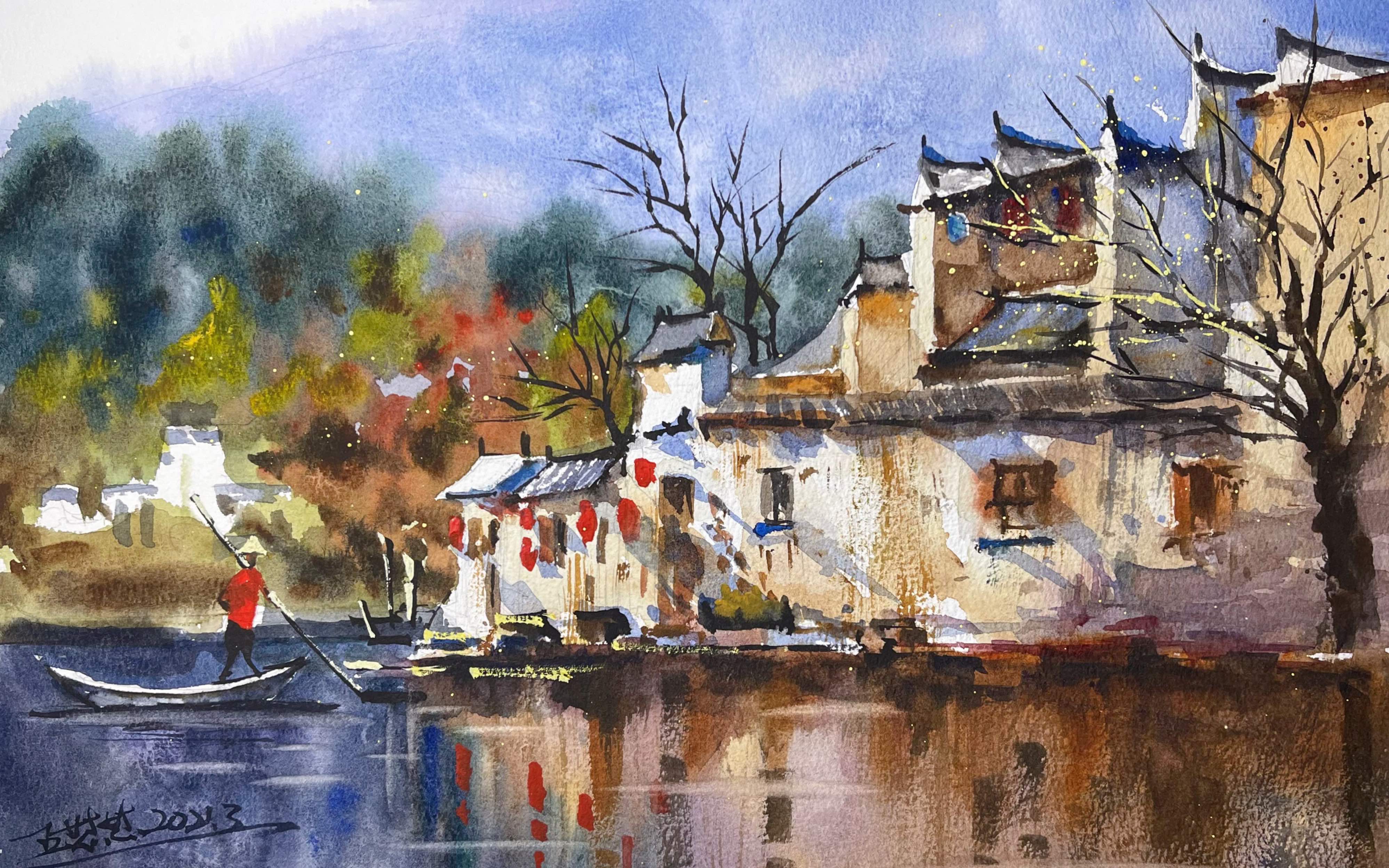 【水彩教学】徽村的水乡,充满了历史感