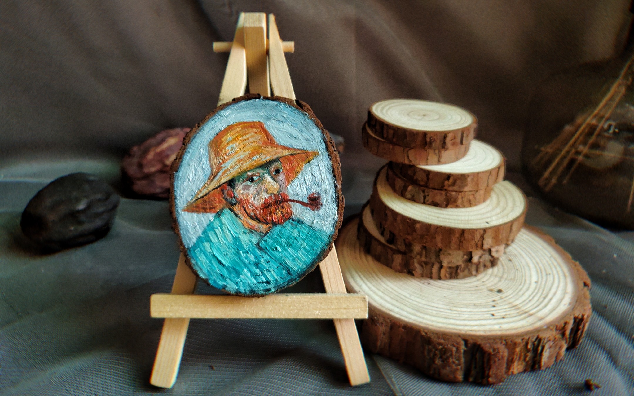 油画超可爱的梵高自画像手绘迷你木头画