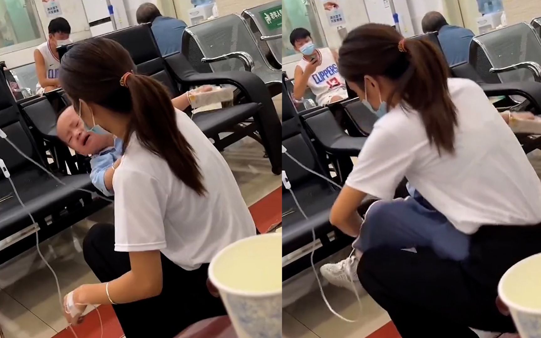 妈妈一手输液一手带娃,孩子也在打针还一直哭闹,画面让人心酸