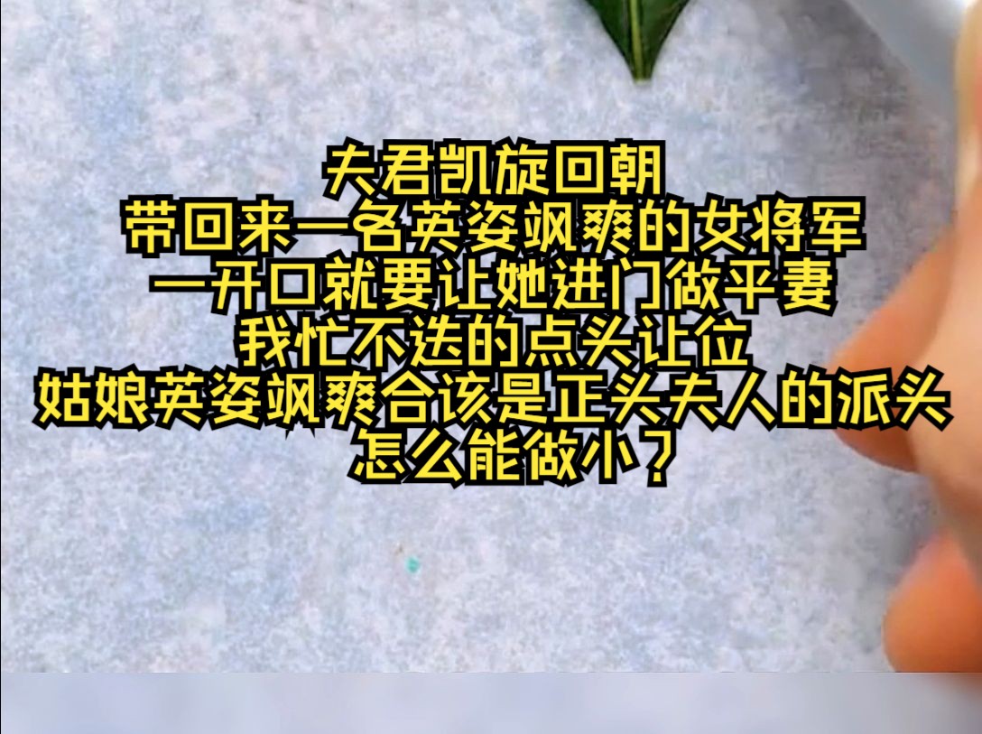 夫君凯旋回朝,带回来一名英姿飒爽的女将军,一开口就要让她进门做平妻.我忙不迭的点头让位,姑娘英姿飒爽合该是正头夫人的派头,怎么能做小?快快...