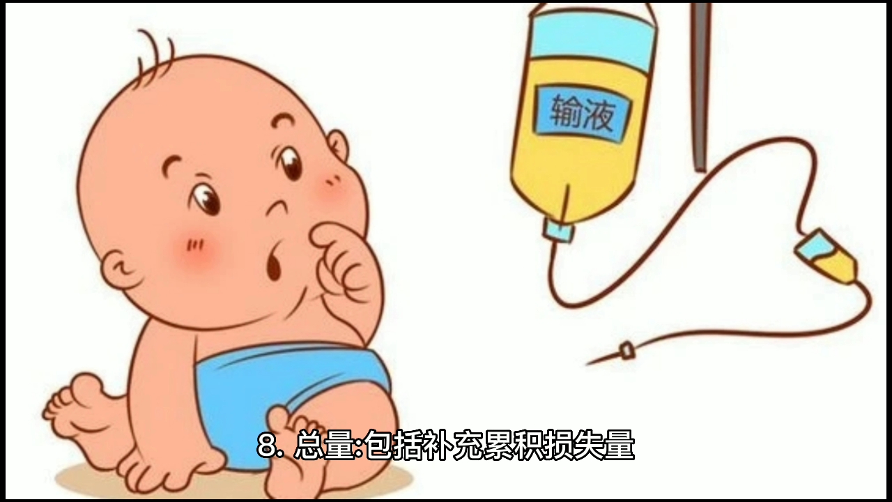 小儿补液量  8. 总量:包括补充累积损失量,继续损失量和生理需要量.