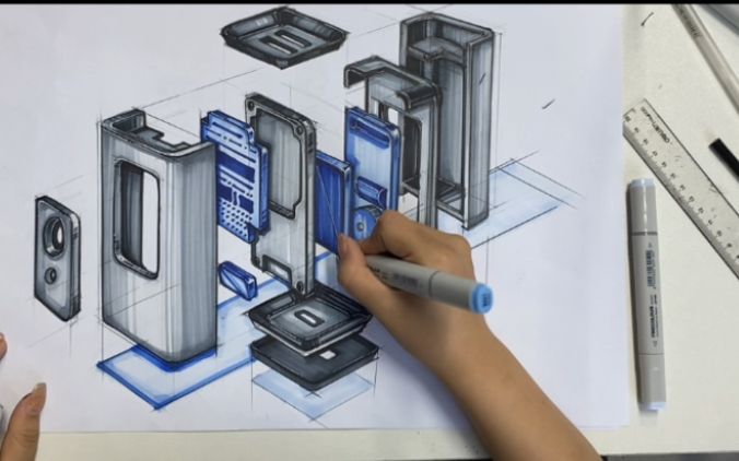 工業設計手繪難點解析08方體造型產品爆炸圖手繪訓練(複雜產品的形態