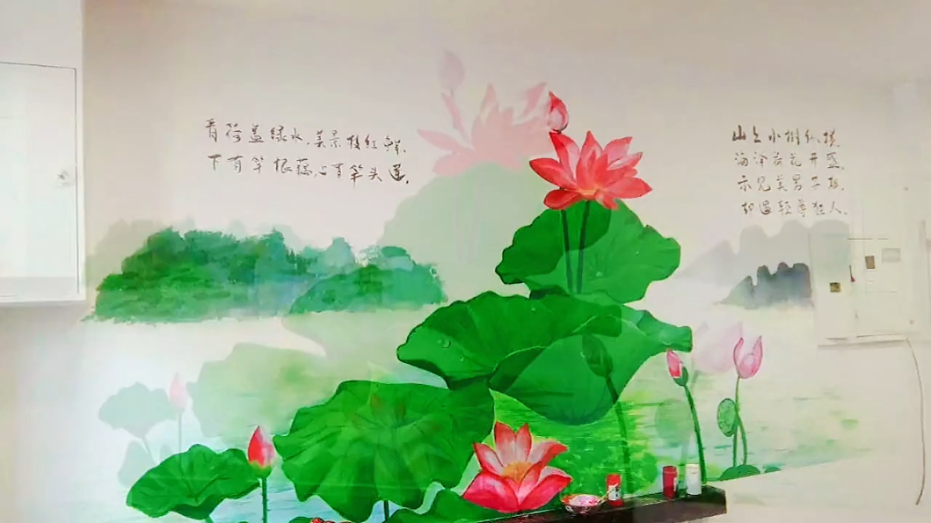手绘壁画墙体手绘彩绘荷花背景墙