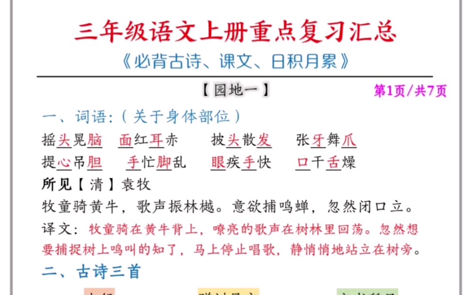 三年级上册语文重点复习汇总,可打印哔哩哔哩bilibili