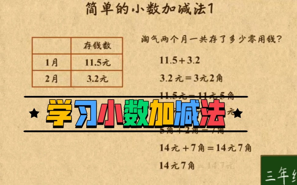 [图]三年级数学上册同步讲解《简单小数加减法》，跟我看快乐学数学。