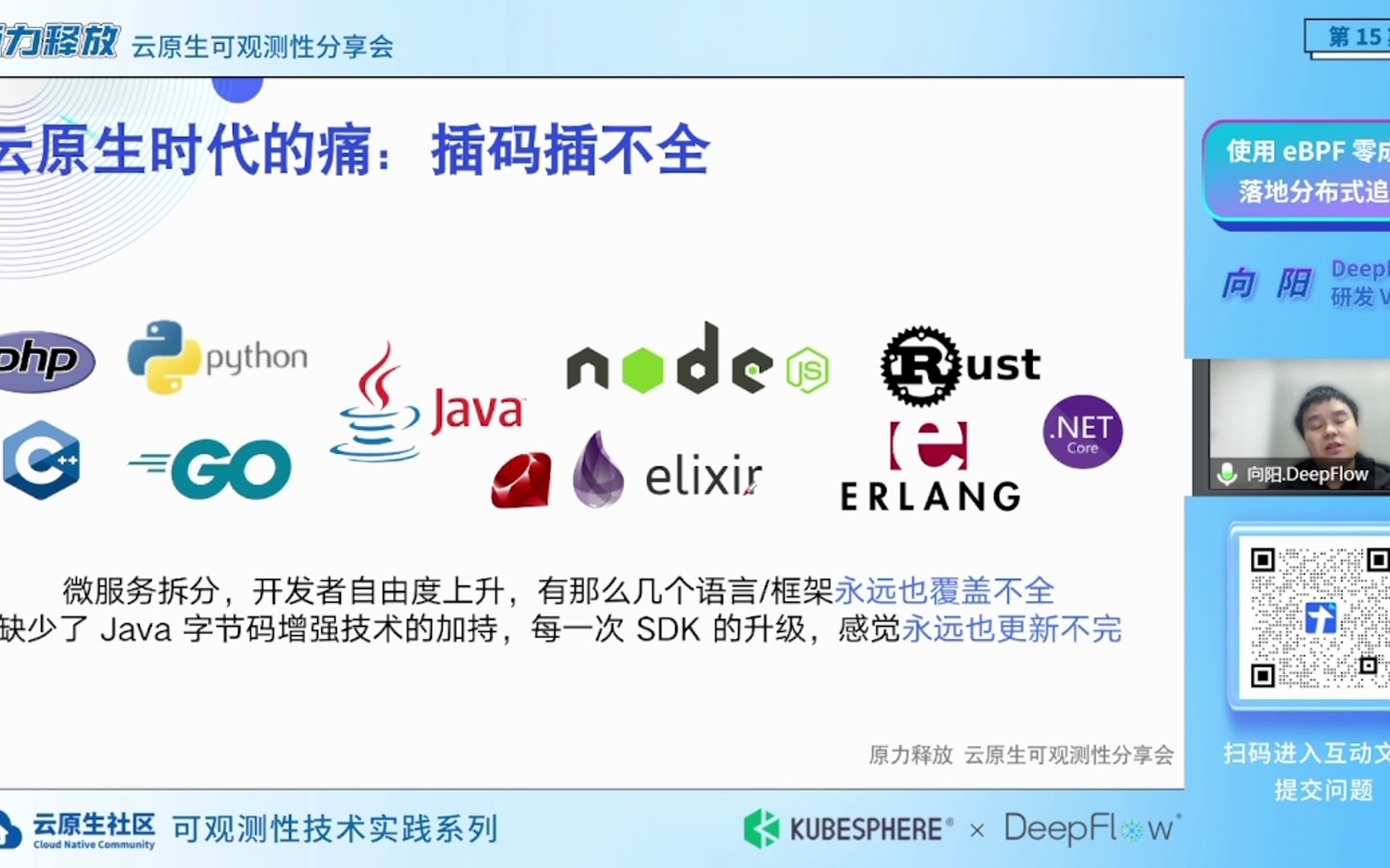 使用 eBPF 零成本落地分布式追踪第十五期云原生可观测性分享会向阳 DeepFlow 研发VP哔哩哔哩bilibili