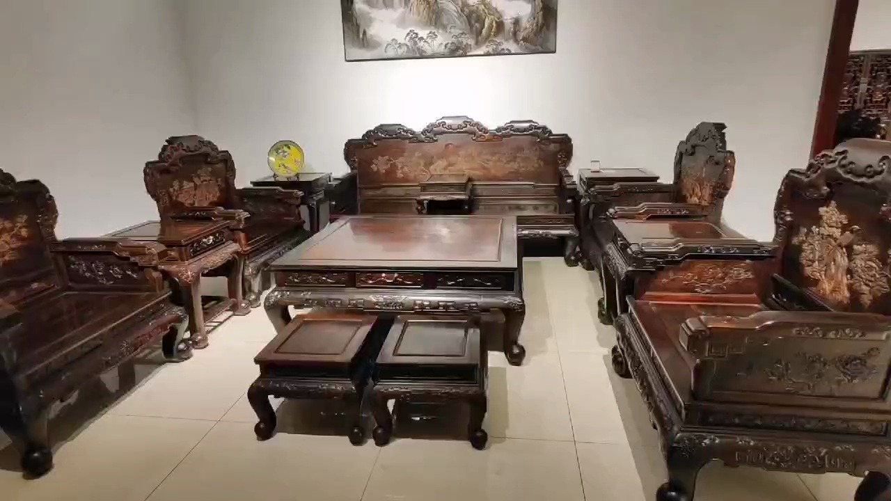 王义大师作品 古典雕花沙发 大红酸枝交趾黄檀材质