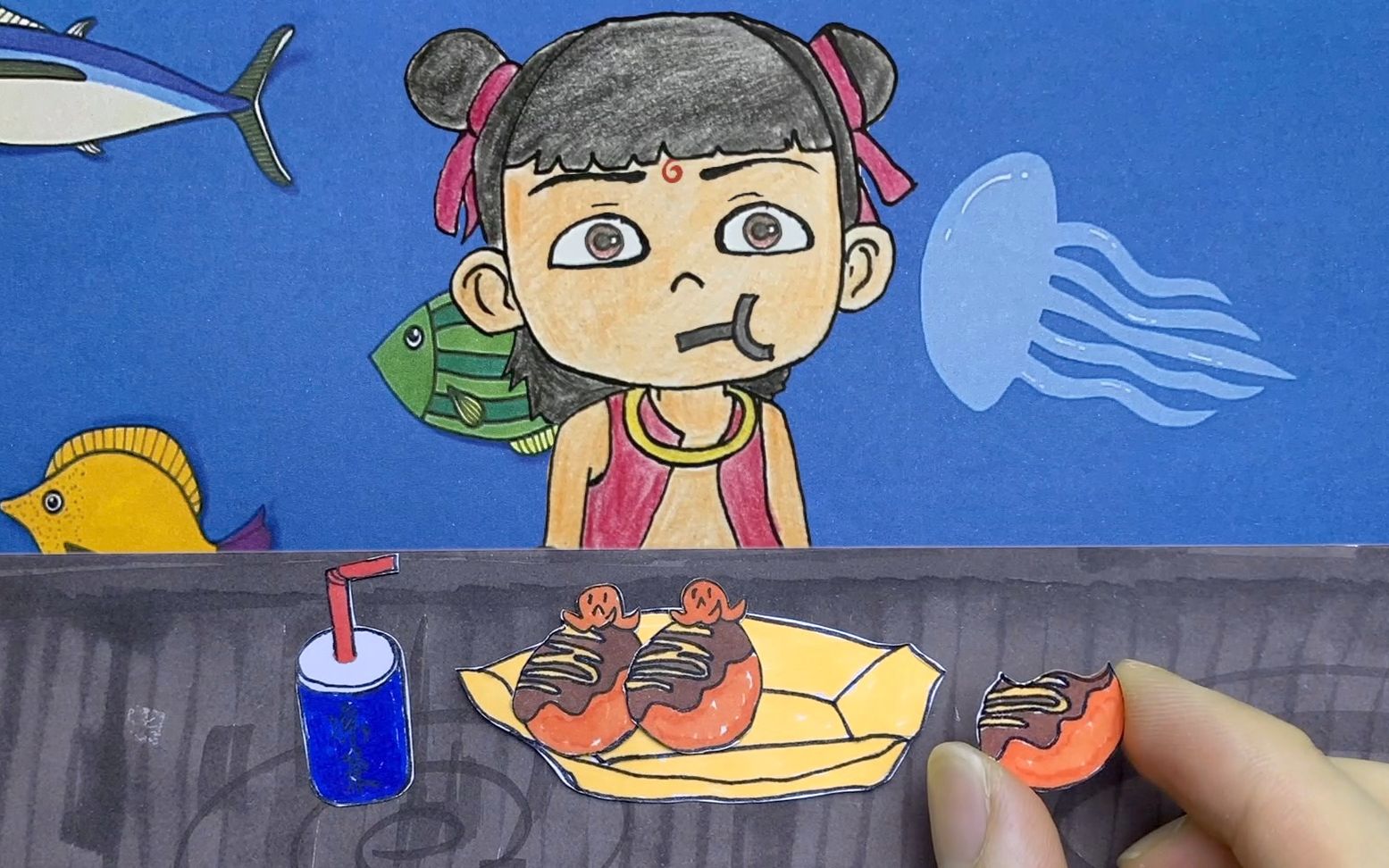 手绘定格动画哪吒吃章鱼小丸子表情很呆萌太有趣了