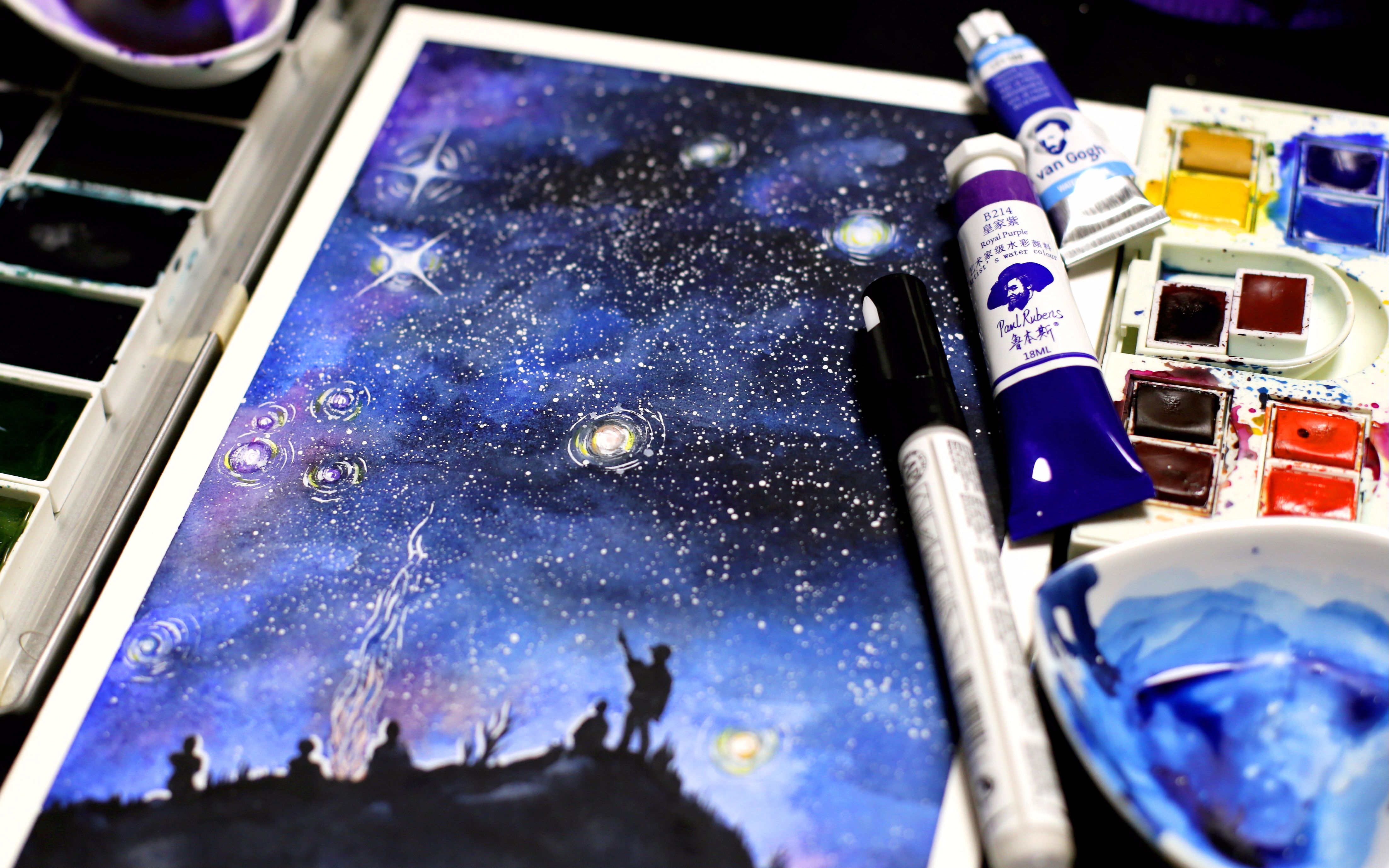 水彩手绘佛系香薄荷大八手绘简约星空练习no9看那片最美的繁星会陪伴