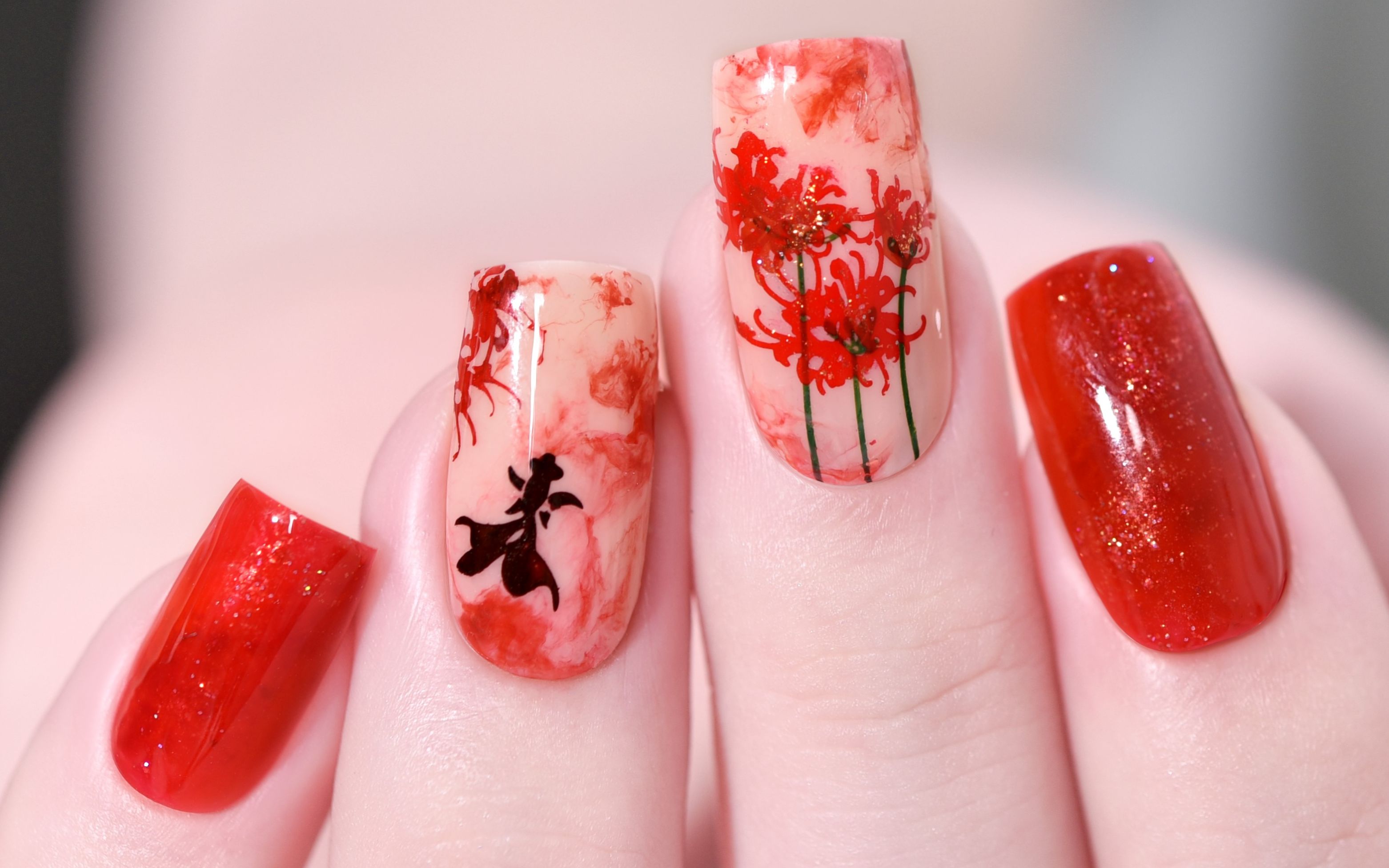 国风红色彼岸花 · 金鱼美甲 | 许你一株曼珠沙华【kadsnailart】