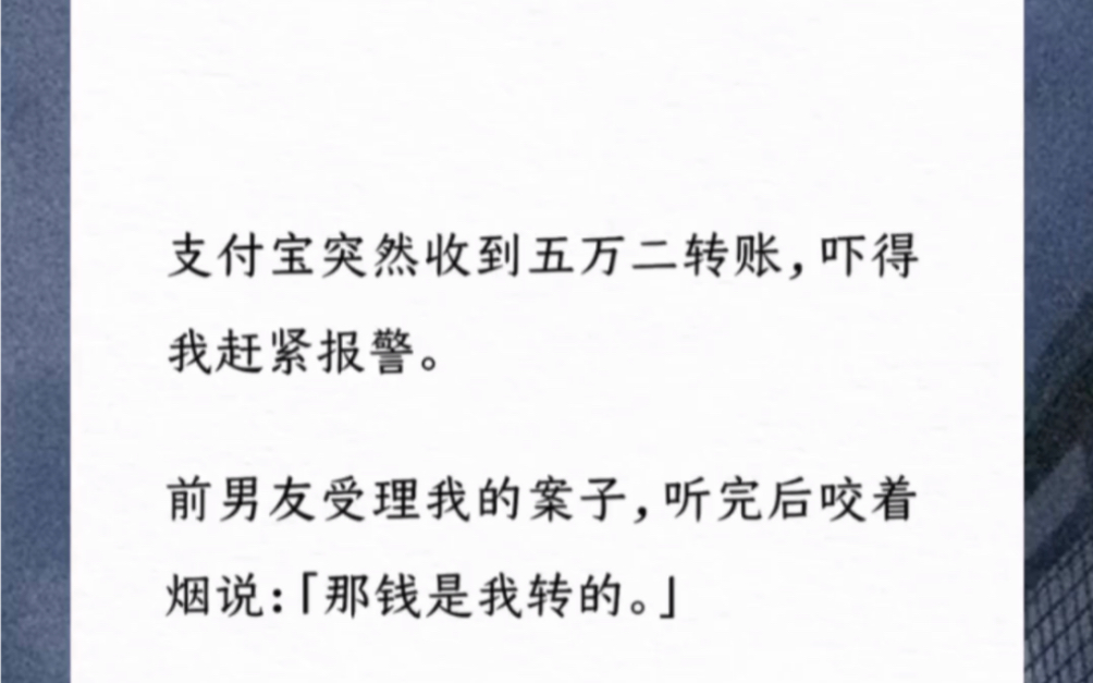 支付宝突然收到五万二转账,吓得我赶紧报警.前男友受理我的案子,听完后咬着烟说:「那钱是我转的.」哔哩哔哩bilibili