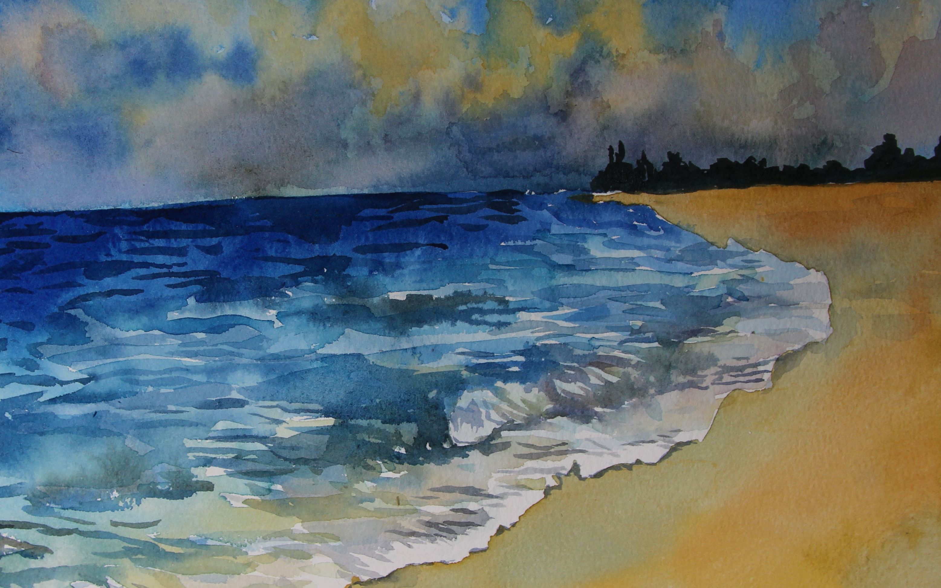 简单容易画海滩海水的水彩画画法