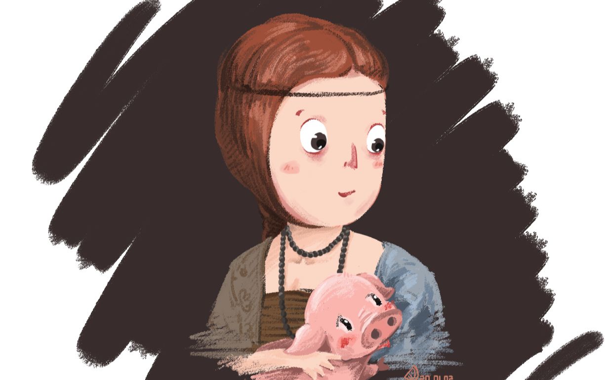 可爱的插画小头像 抱银鼠的女子